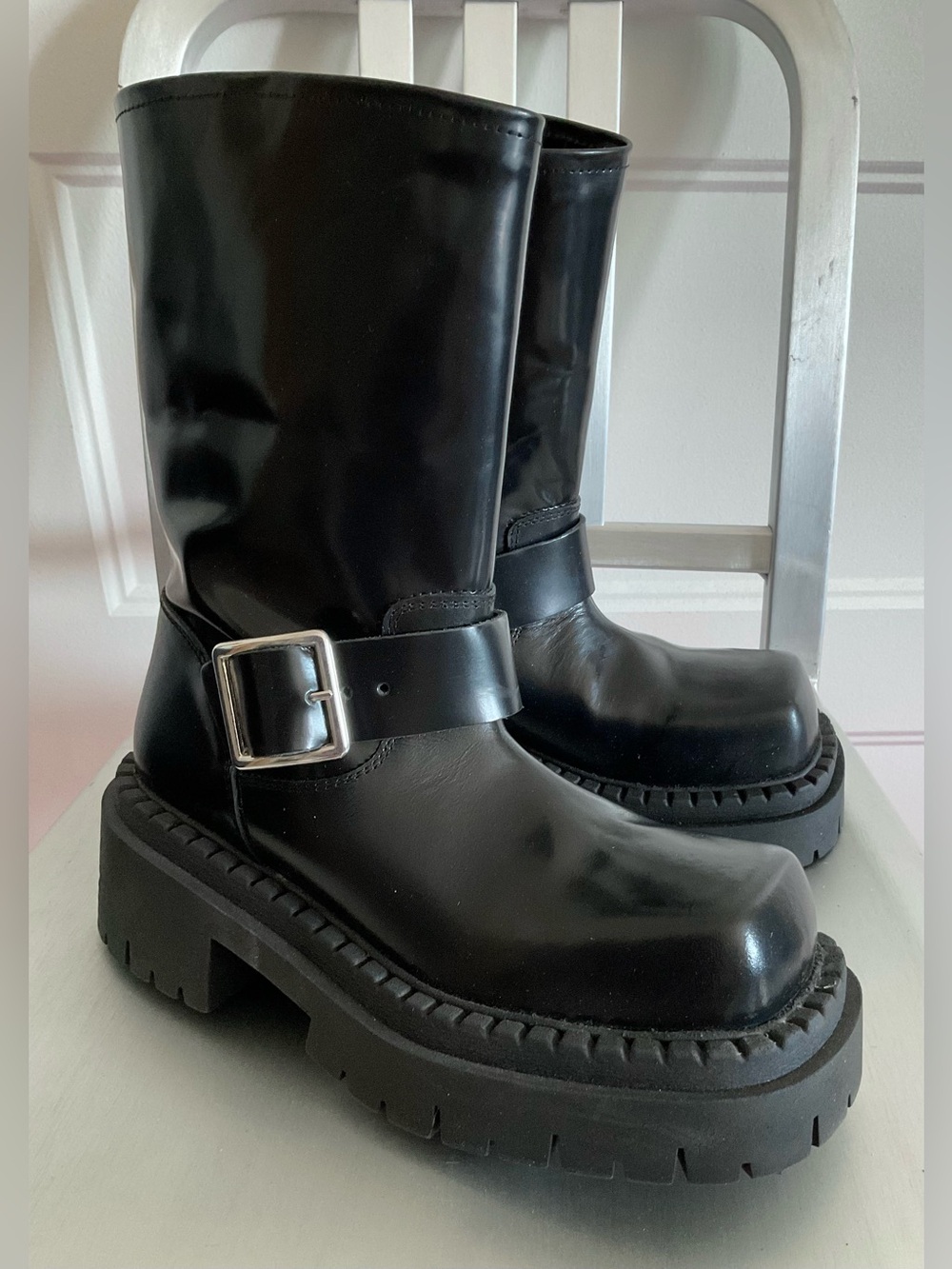 Chunky Black Leather Buckle Boots